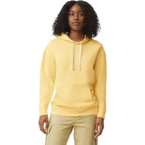 A lightweight hooded sweatshirt in soft yellow, featuring a front pouch pocket and an adjustable drawstring hood.