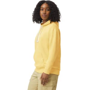 A lightweight hooded sweatshirt in yellow with a front pocket and white drawstrings. Features a logo.