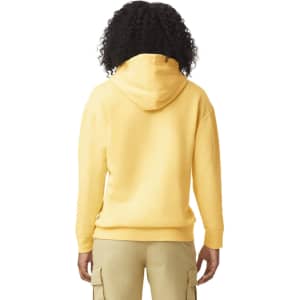 A lightweight hooded sweatshirt in a vibrant yellow, featuring a hood and a logo on the back.