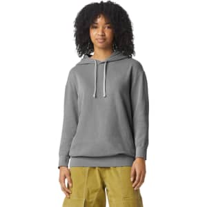 A lightweight hooded sweatshirt in grey, featuring a drawstring hood and a simple design, with a logo present.