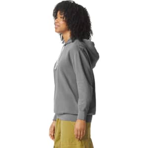A grey lightweight hooded sweatshirt with a front pocket and drawstring hood, featuring a logo.