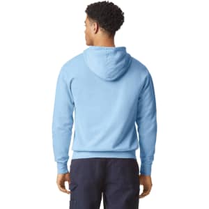 A lightweight hooded sweatshirt in light blue, featuring a hood and a simple design on the back.
