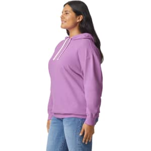 A lightweight hooded sweatshirt in a vibrant purple, featuring a front kangaroo pocket and a logo.