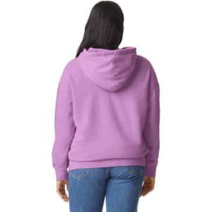 A lightweight hooded sweatshirt in purple, featuring a logo, viewed from the back.