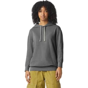 A lightweight hooded sweatshirt in grey, featuring a drawstring hood and ribbed cuffs, displayed on a model.