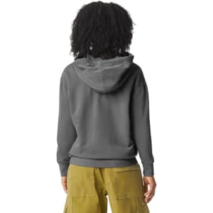 A lightweight hooded sweatshirt in grey with a logo, featuring a casual fit and a hood at the back.