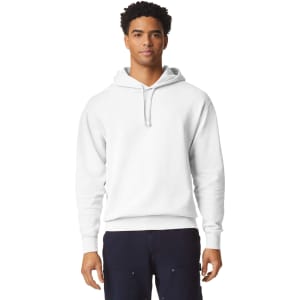 A white lightweight hooded sweatshirt is displayed on a model, featuring a front pocket and a logo.