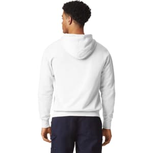 A white lightweight hooded sweatshirt viewed from the back, featuring a hood and casual fit.