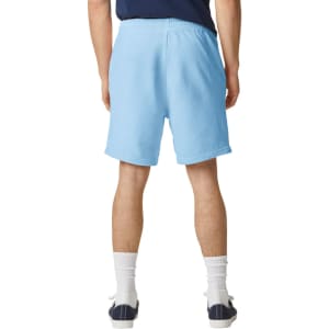 Light blue lightweight sweatshorts with an elastic waistband, viewed from the back, featuring a logo.