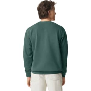 A back view of a green adult crewneck sweatshirt worn by a person. The sweatshirt has a simple design with no visible logos.