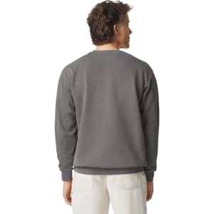 A grey adult crewneck sweatshirt featuring a simple design and a logo on the back.
