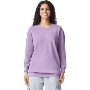 A purple adult crewneck sweatshirt with long sleeves, featuring a simple design and relaxed fit.
