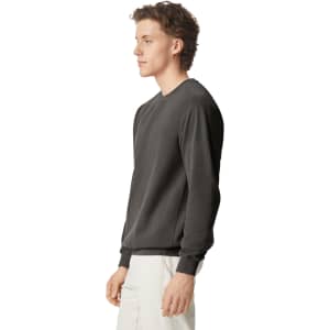 A grey adult crewneck sweatshirt displayed on a model from the side, featuring a simple design and a logo.