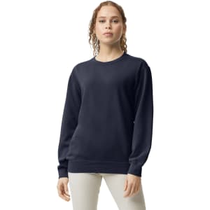 A navy blue adult crewneck sweatshirt with long sleeves, featuring a subtle logo on the front.