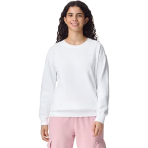 A white adult crewneck sweatshirt featuring a relaxed fit and long sleeves, worn by a model.
