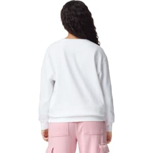A white adult crewneck sweatshirt viewed from the back, featuring a relaxed fit and long sleeves.