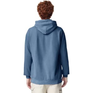 A blue adult hooded sweatshirt featuring a spacious hood and a relaxed fit, with an unseen logo.