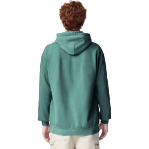 A green adult hooded sweatshirt viewed from the back, featuring a hood and a relaxed fit.