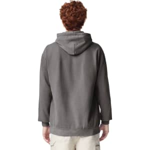 A grey adult hooded sweatshirt viewed from the back. It features a relaxed fit and a hood.