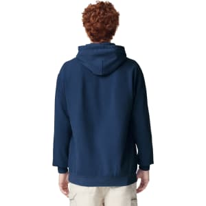 A navy adult hooded sweatshirt, viewed from the back, featuring a large hood and a branding logo.