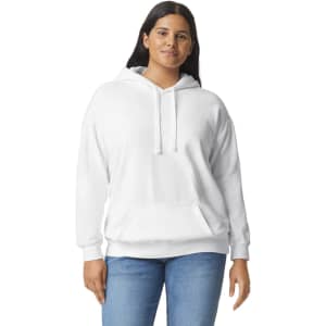 A white adult hooded sweatshirt featuring a front pocket and a drawstring hood. Includes a logo on the garment.