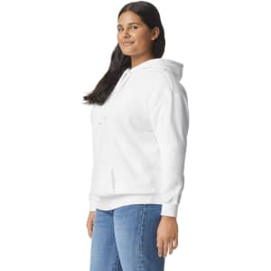 A white hooded sweatshirt with a front pocket and drawstrings, worn by a model, featuring a logo.
