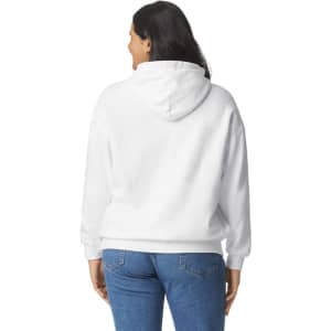 A white adult hooded sweatshirt with a rear view, featuring a hood and a loose fit.