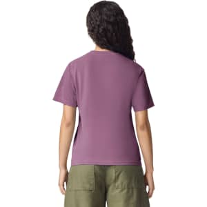 A purple adult heavyweight t-shirt viewed from the back, with short sleeves and a relaxed fit.