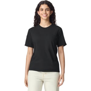 A black heavyweight adult T-shirt displayed on a model. The shirt features a logo and has short sleeves.