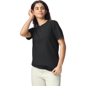 A black heavyweight adult t-shirt displayed on a model. The shirt has a simple design and features a logo.