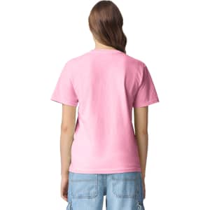 A pink heavyweight adult t-shirt with short sleeves, showing the back view. The shirt features a logo.