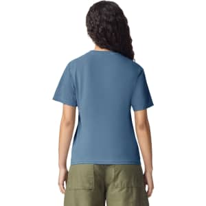 A blue heavyweight adult t-shirt viewed from the back, featuring a plain design and short sleeves.
