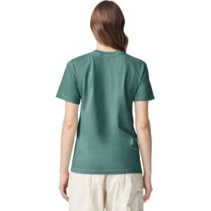 A back view of a green heavyweight adult t-shirt, featuring short sleeves and a simple design.