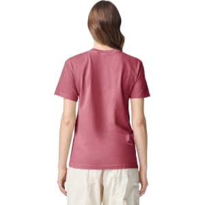 A back view of an adult heavyweight T-shirt in a dusty rose colour, featuring a logo on the back.