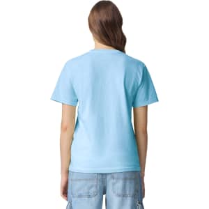 A back view of an adult heavyweight t-shirt in light blue, featuring a simple design and a branded logo.
