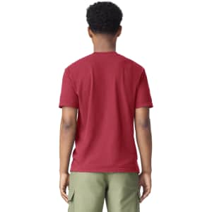 A red adult heavyweight T-shirt viewed from the back, paired with olive green shorts. The shirt has a logo on the back.