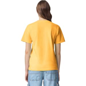 A yellow heavyweight adult t-shirt viewed from the back, featuring a simple design with a logo.