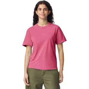 A pink heavyweight adult t-shirt with short sleeves, featuring a classic crew neck design.