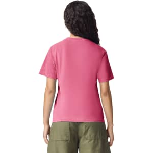 A heavyweight t-shirt in pink, viewed from the back, featuring a plain design and relaxed fit.