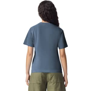 A blue heavyweight t-shirt viewed from the back, featuring short sleeves and a plain design.