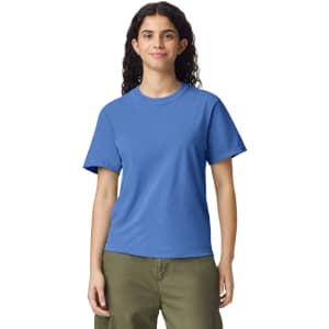 A blue heavyweight adult t-shirt displayed on a model. The shirt features a logo on the front.
