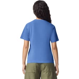 A blue heavyweight adult t-shirt is displayed from the back, featuring short sleeves and a plain design.