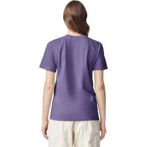 A purple adult heavyweight T-shirt displayed from the back, featuring short sleeves and a simple design.