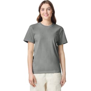 A grey heavyweight t-shirt displayed on a model, featuring a round neckline and short sleeves.