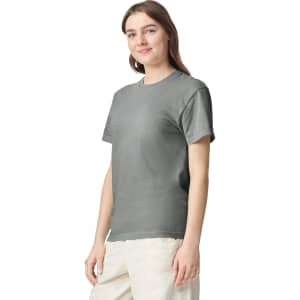 A grey adult heavyweight T-shirt displayed on a model, featuring a simple design and a crew neckline.