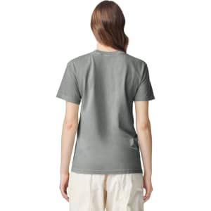 A grey adult heavyweight t-shirt displayed from the back, featuring a simple design and a relaxed fit.