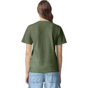 A green heavyweight t-shirt with a plain back design. It features short sleeves and a relaxed fit.