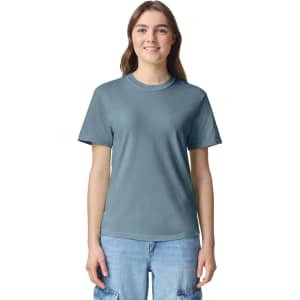 A blue adult heavyweight T-shirt featuring a classic crew neck design and short sleeves, worn by a model.