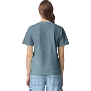 A heavyweight adult T-shirt in a calm blue colour, featuring a plain back design.