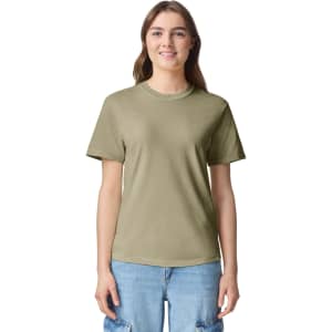 A lightweight olive green adult heavyweight t-shirt with a round neck and short sleeves. The shirt features a logo.
